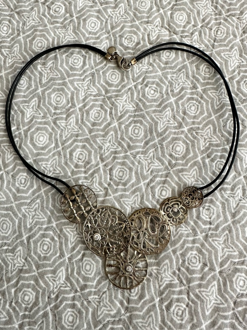 Silpada N2343 Filigree Art Necklace Sterling Silver CZ Black Leather Steam Punk